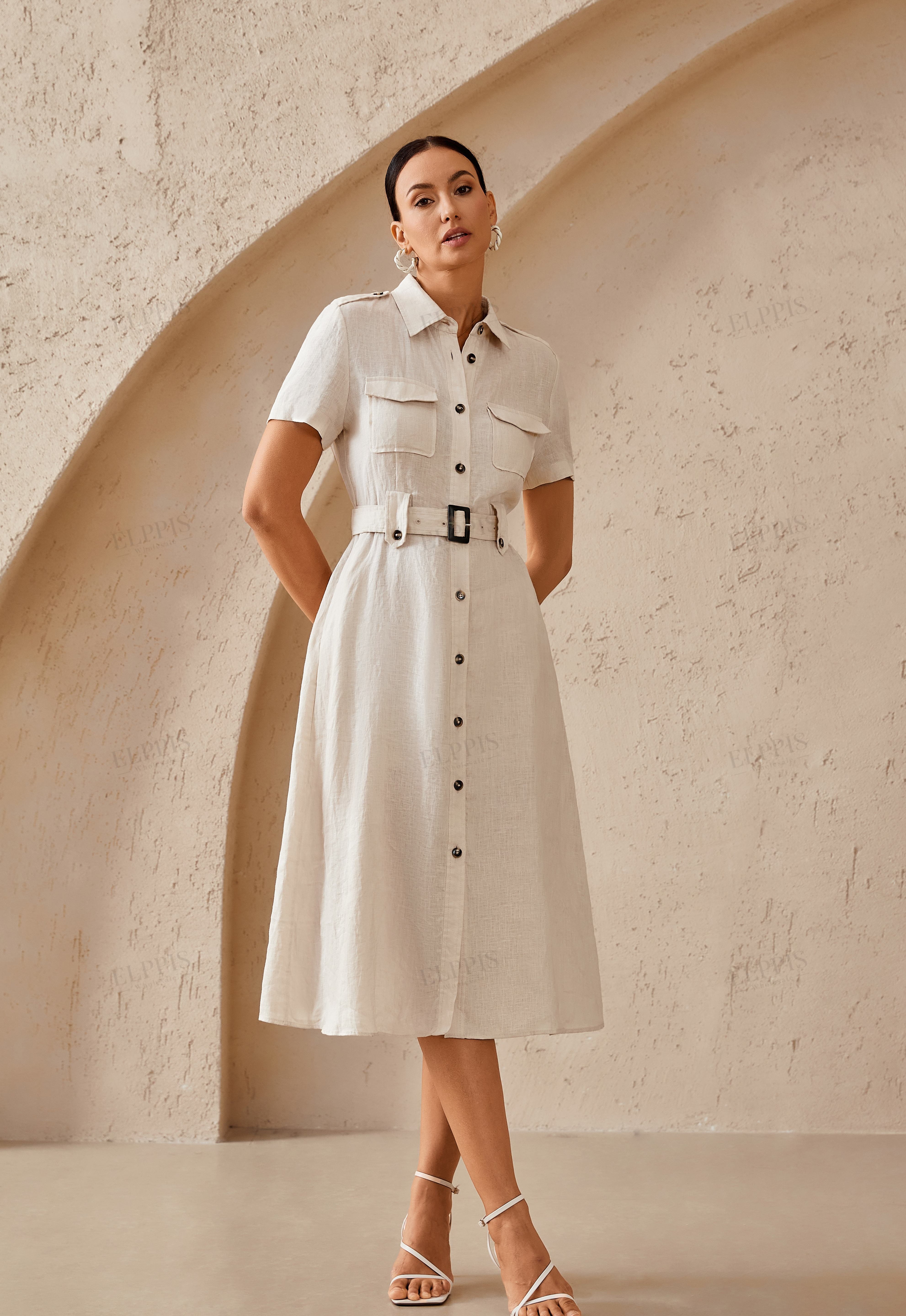 Beige Linen-Blend Shirt Dress with Belt