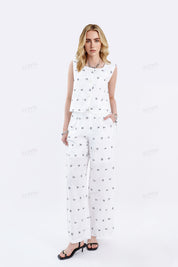 White Cotton-Linen Blend Print Sleeveless Vest