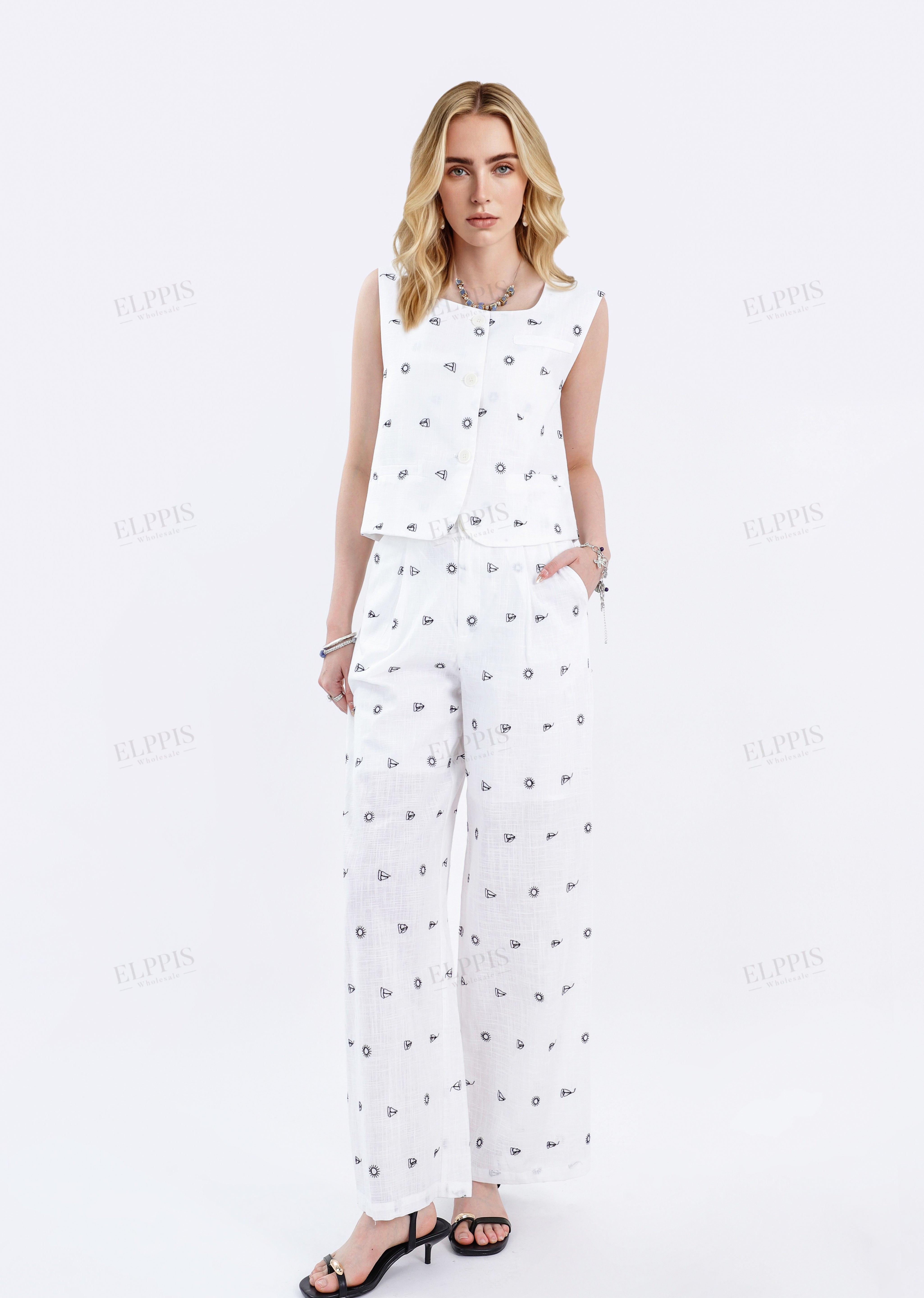 White Cotton-Linen Blend Print Sleeveless Vest