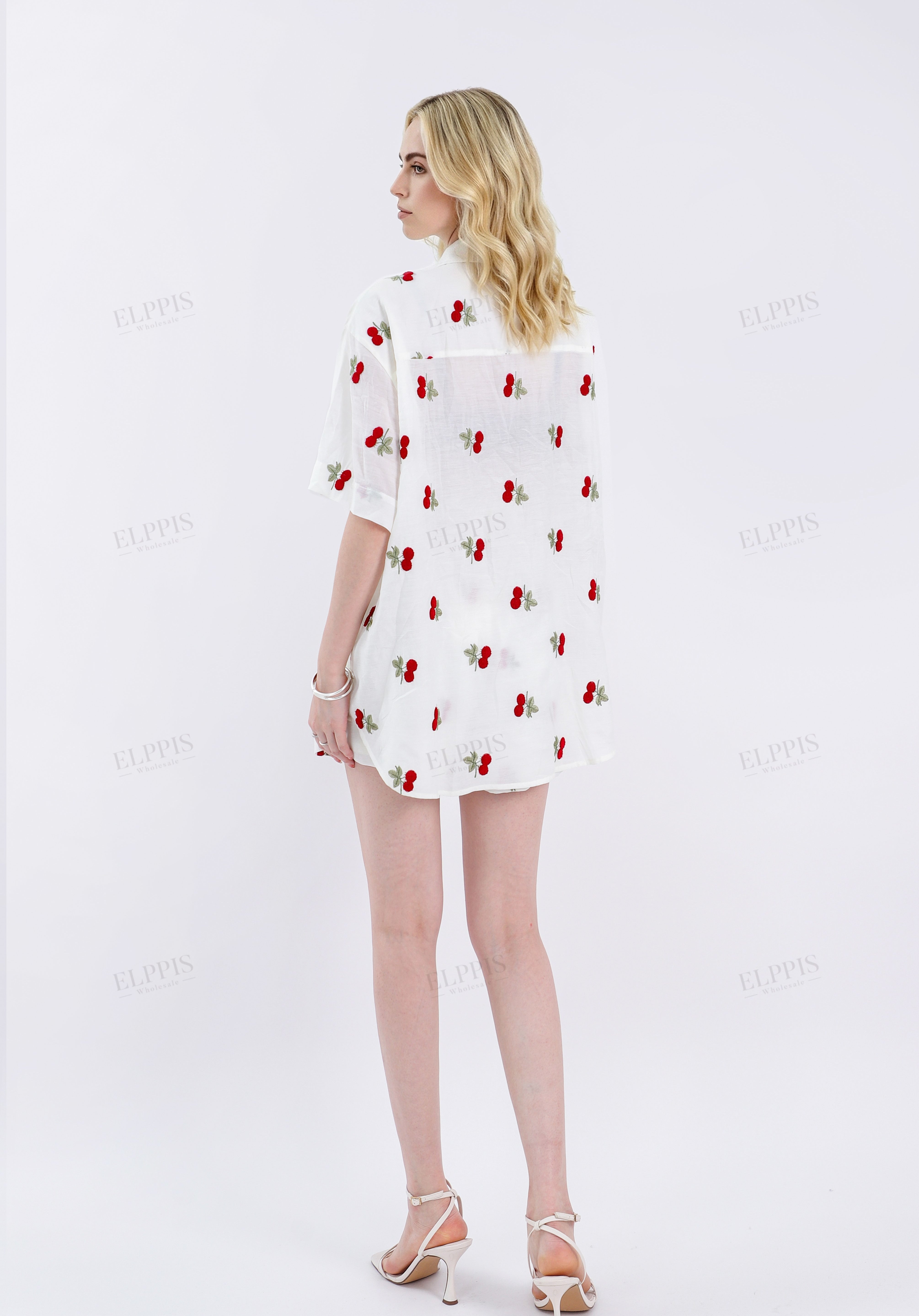 Cream Acetate-Blend Cherry Embroidery Short-Sleeve Blouse