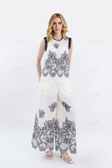 Ivory Wide-Leg Pants with Black Lace Embroidery