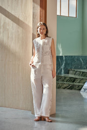 White Linen Wide-Leg Lace Pants