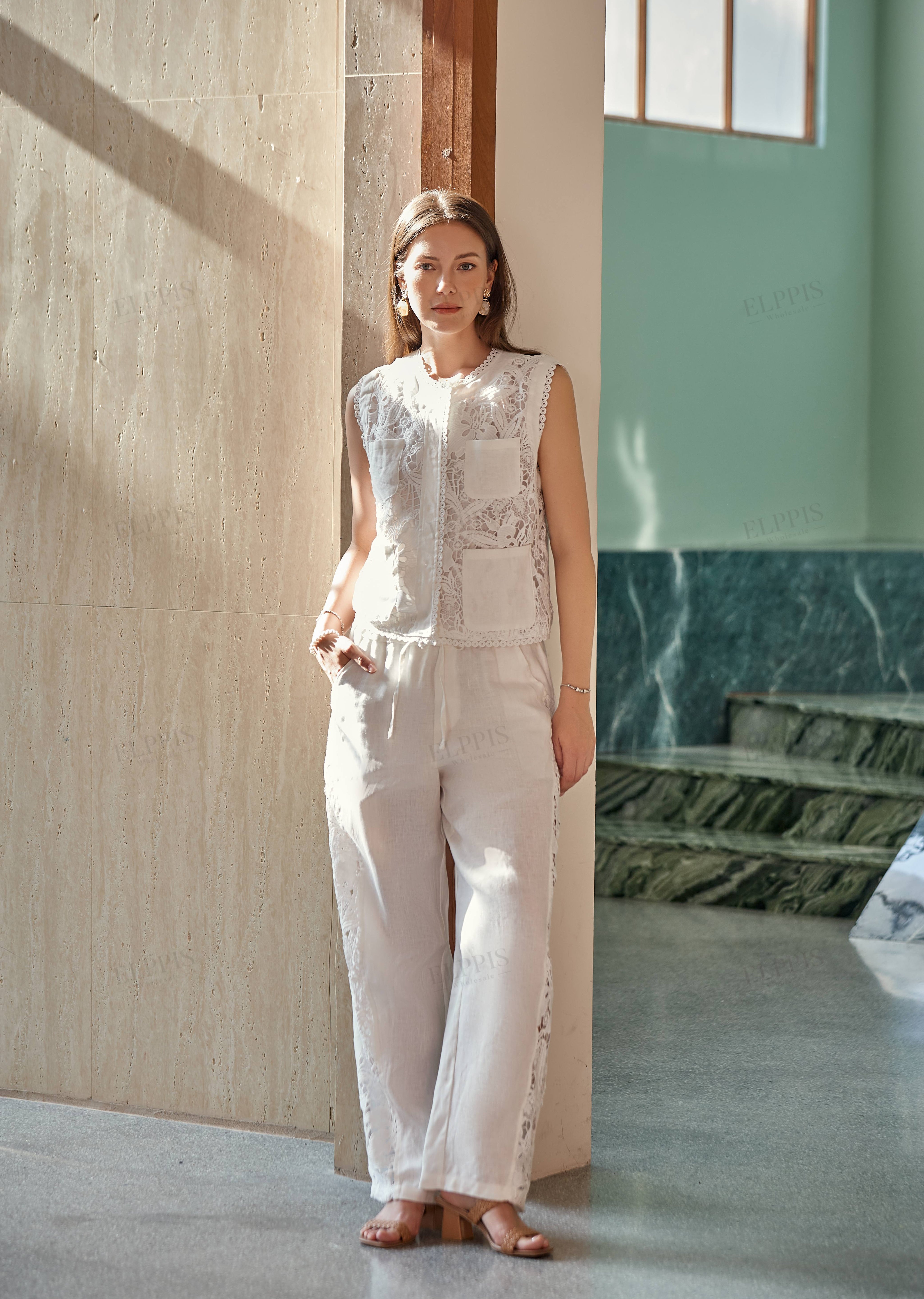 White Linen Wide-Leg Lace Pants