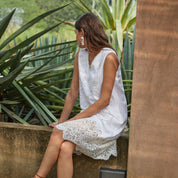 Cut-out embroidered lace trim cotton-linen A-line midi tank dress