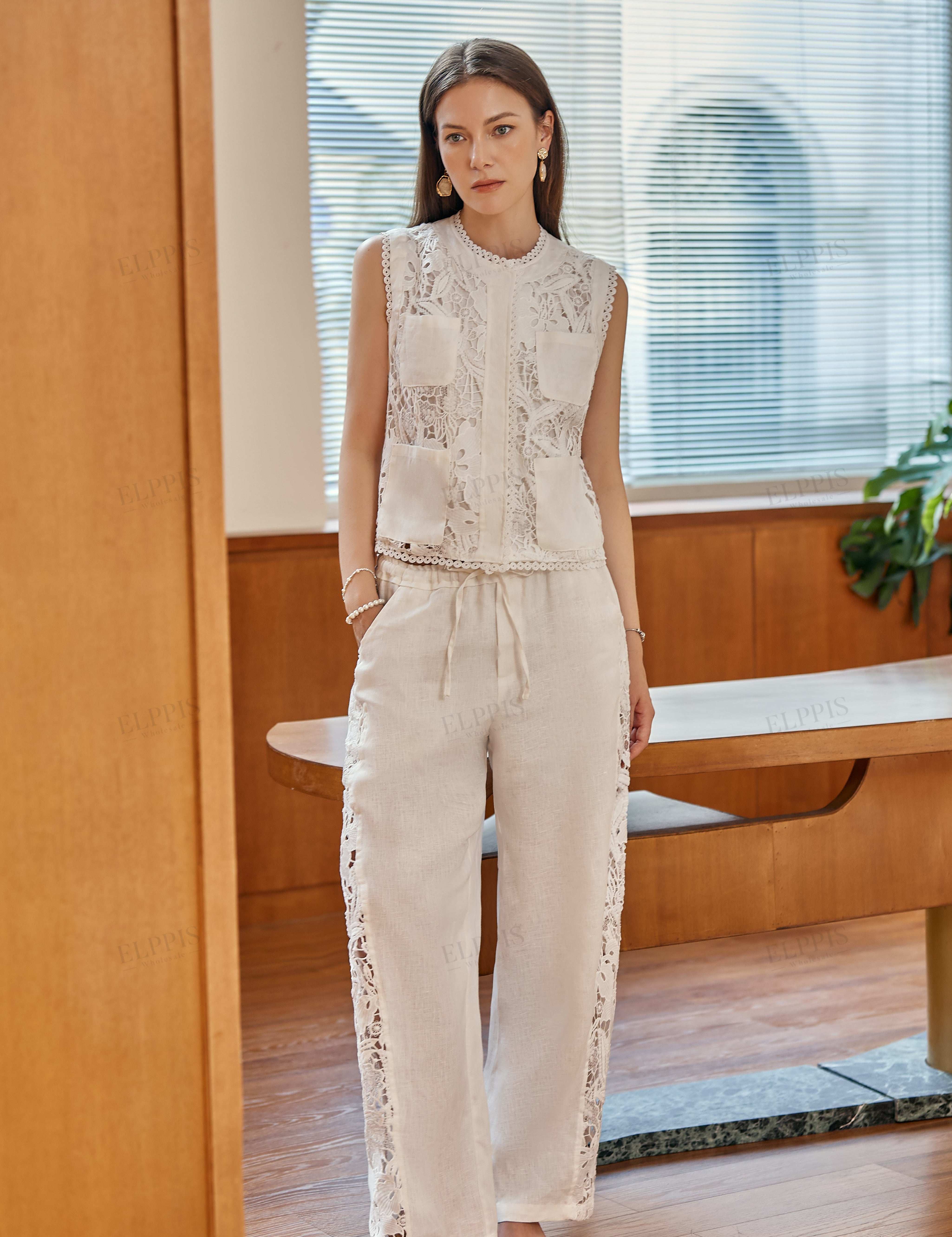White Linen Wide-Leg Lace Pants