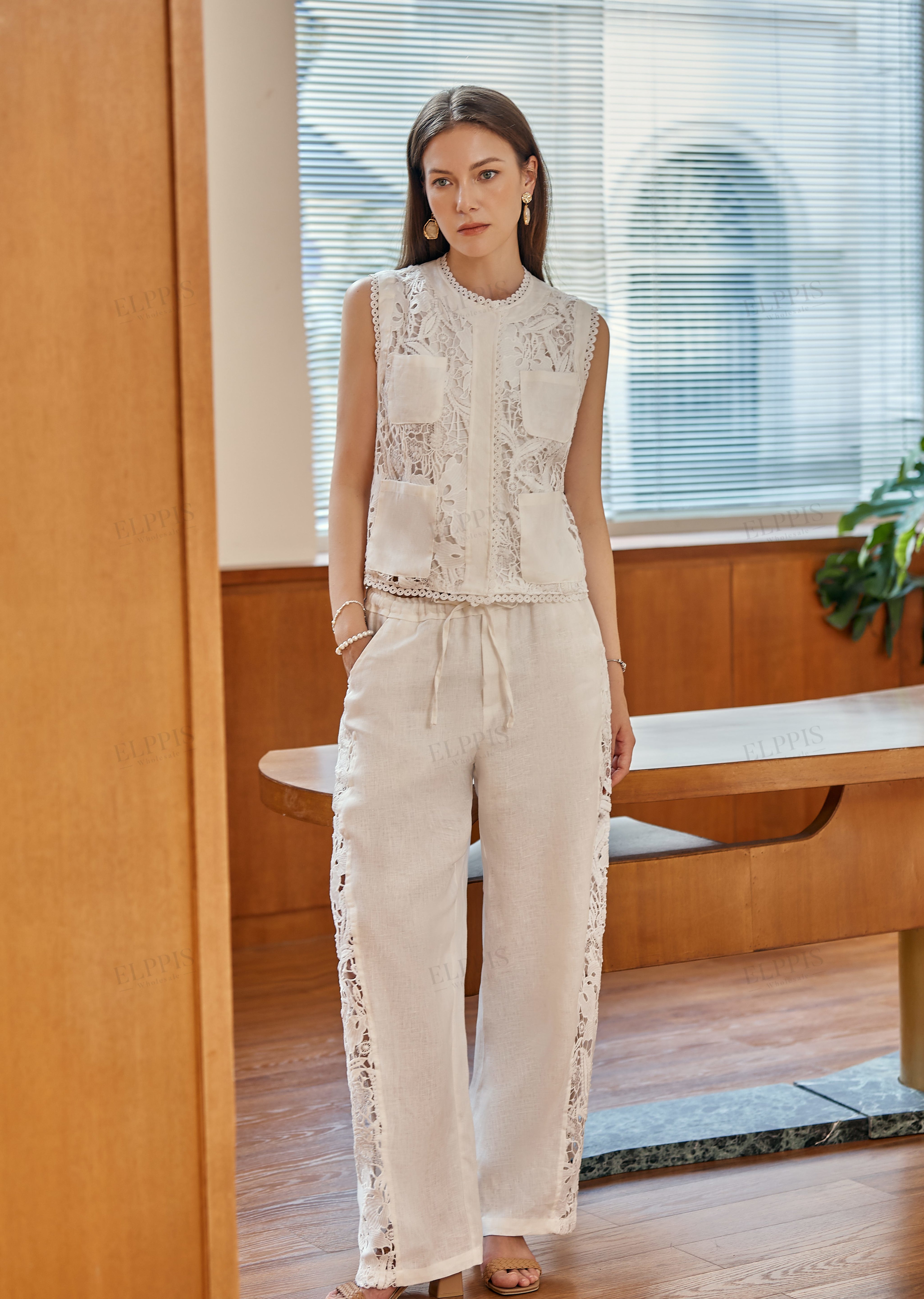 White Linen Wide-Leg Lace Pants
