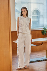 White Linen Wide-Leg Lace Pants