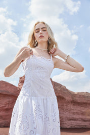 White Cotton Eyelet Midi Dress with Beaded Straps & Scalloped Hem