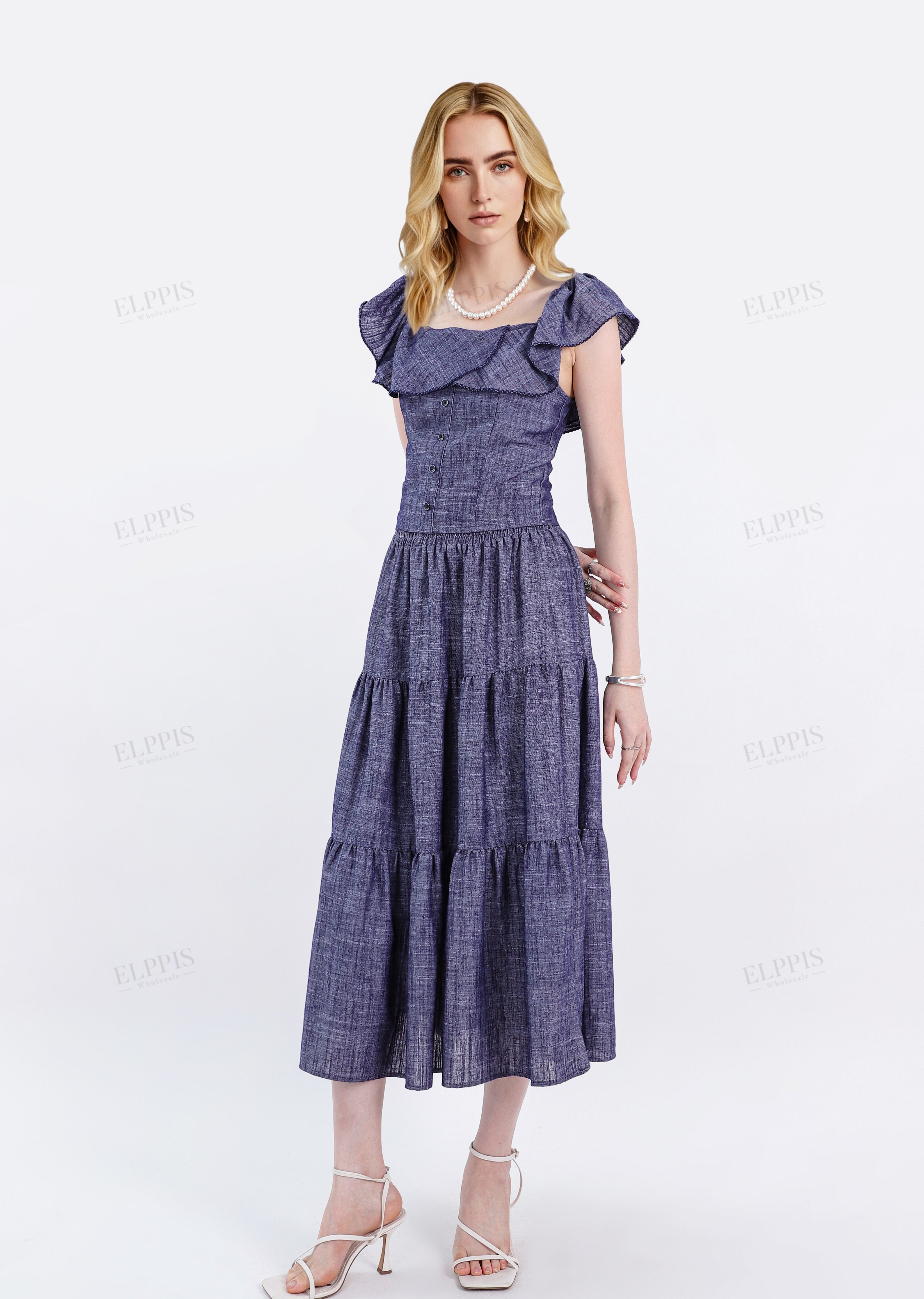 Navy Blue Woven Crop Top with Off-Shoulder Ruffle Detail