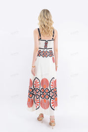 Cream Sleeveless Maxi Dress with Red & Black Geometric Print