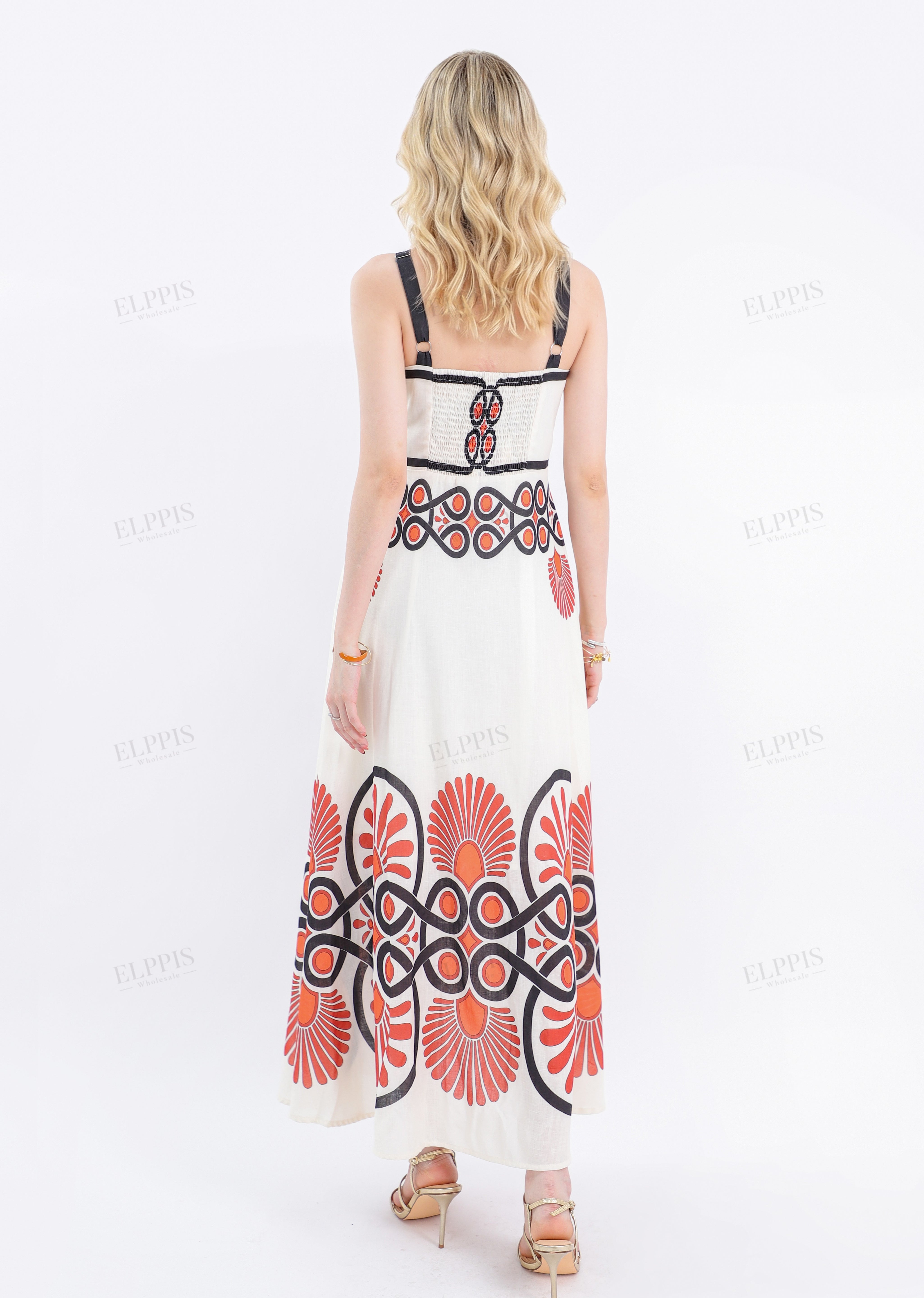 Cream Sleeveless Maxi Dress with Red & Black Geometric Print