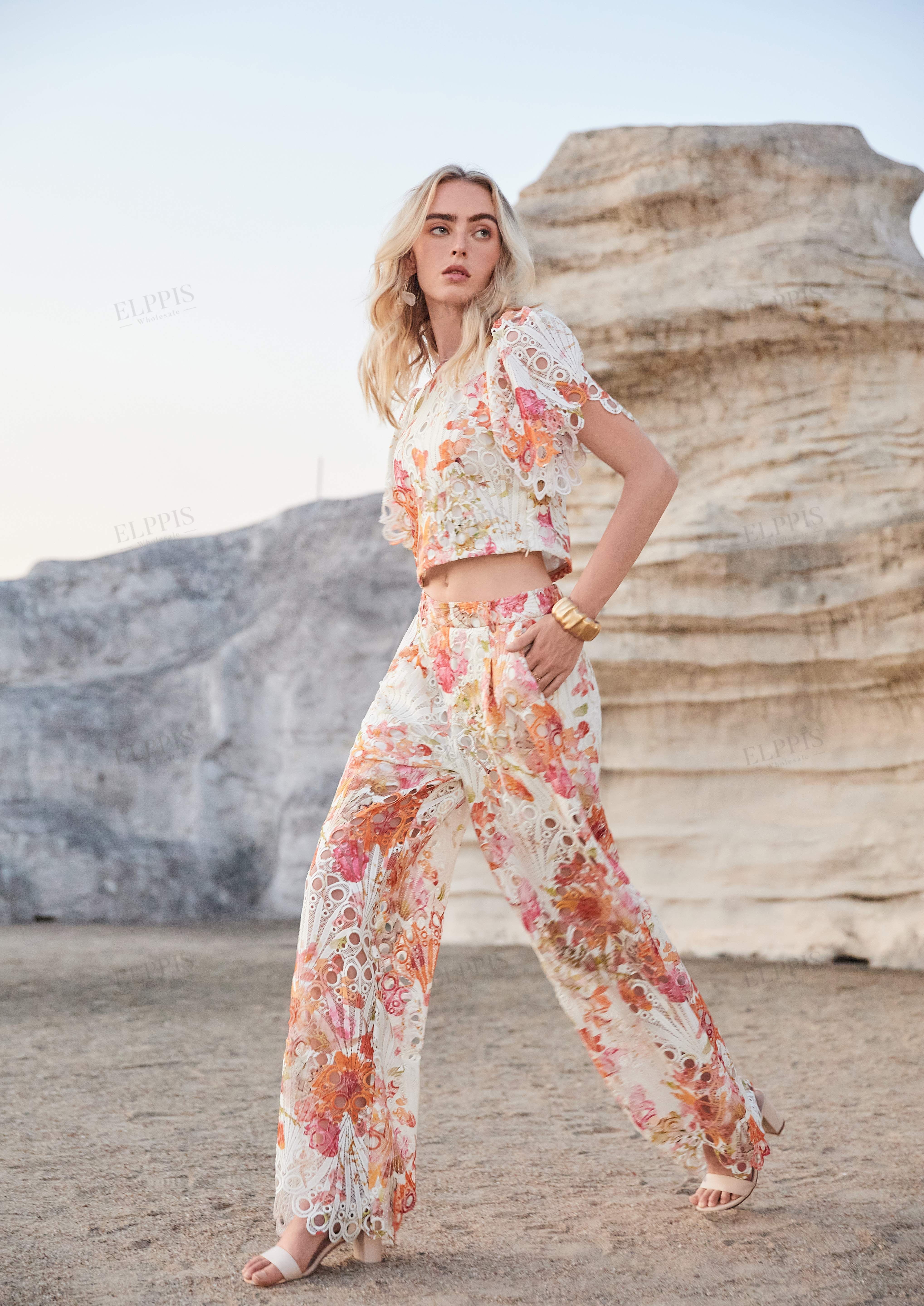 Floral Cutout Lace Wide-Leg Pants