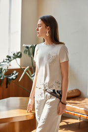 Cream Lace-Detail Crewneck Short-Sleeve Top