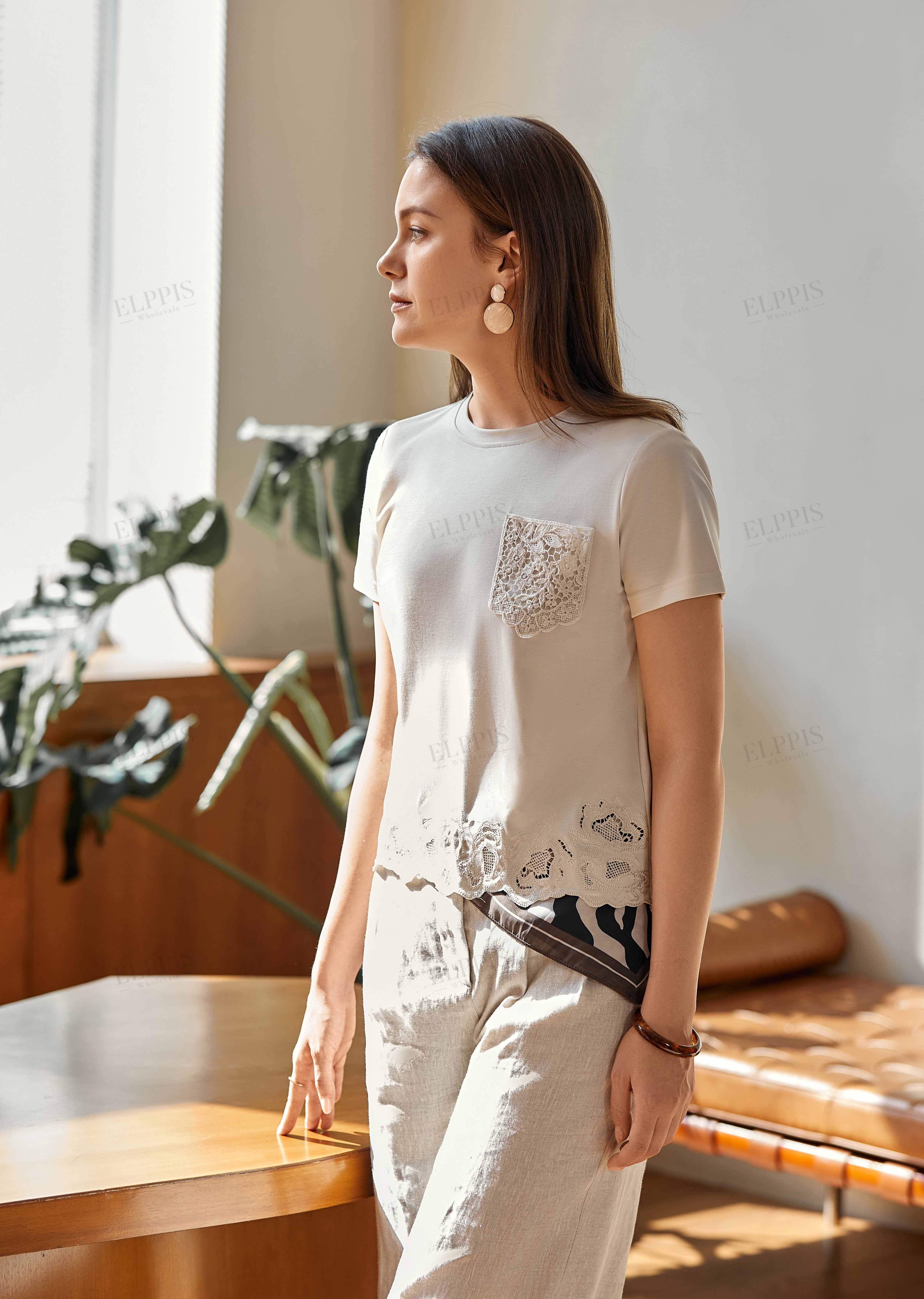 Cream Lace-Detail Crewneck Short-Sleeve Top
