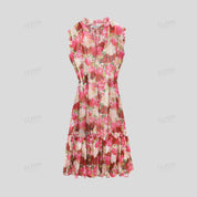 Chiffon digital print stand collar A-line midi sleeveless dress