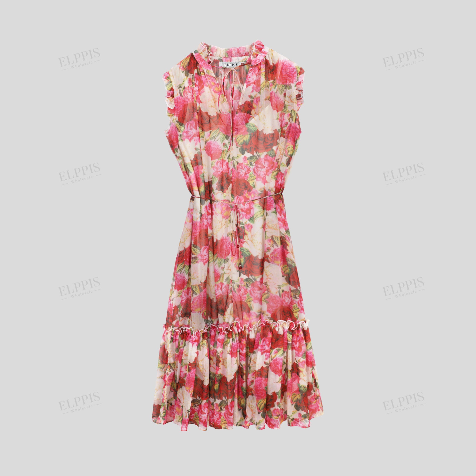 Chiffon digital print stand collar A-line midi sleeveless dress