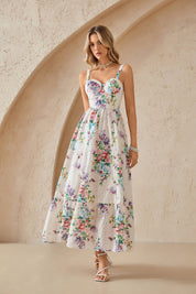Cream Floral Print Eyelet Maxi Dress with Sweetheart Neckline