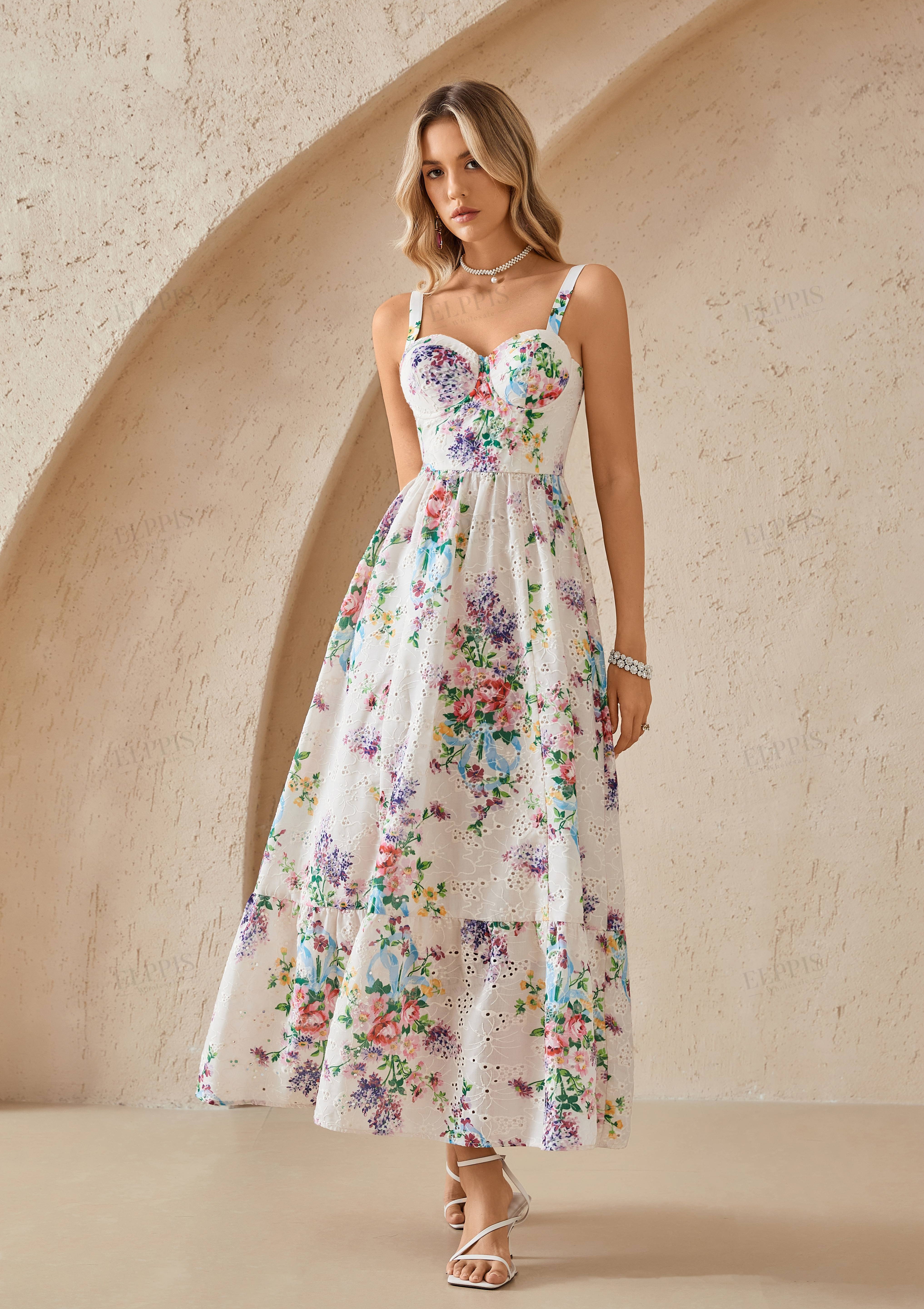 Cream Floral Print Eyelet Maxi Dress with Sweetheart Neckline