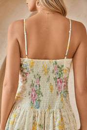 Yellow Eyelet Lace Floral Print Midi Slip Dress