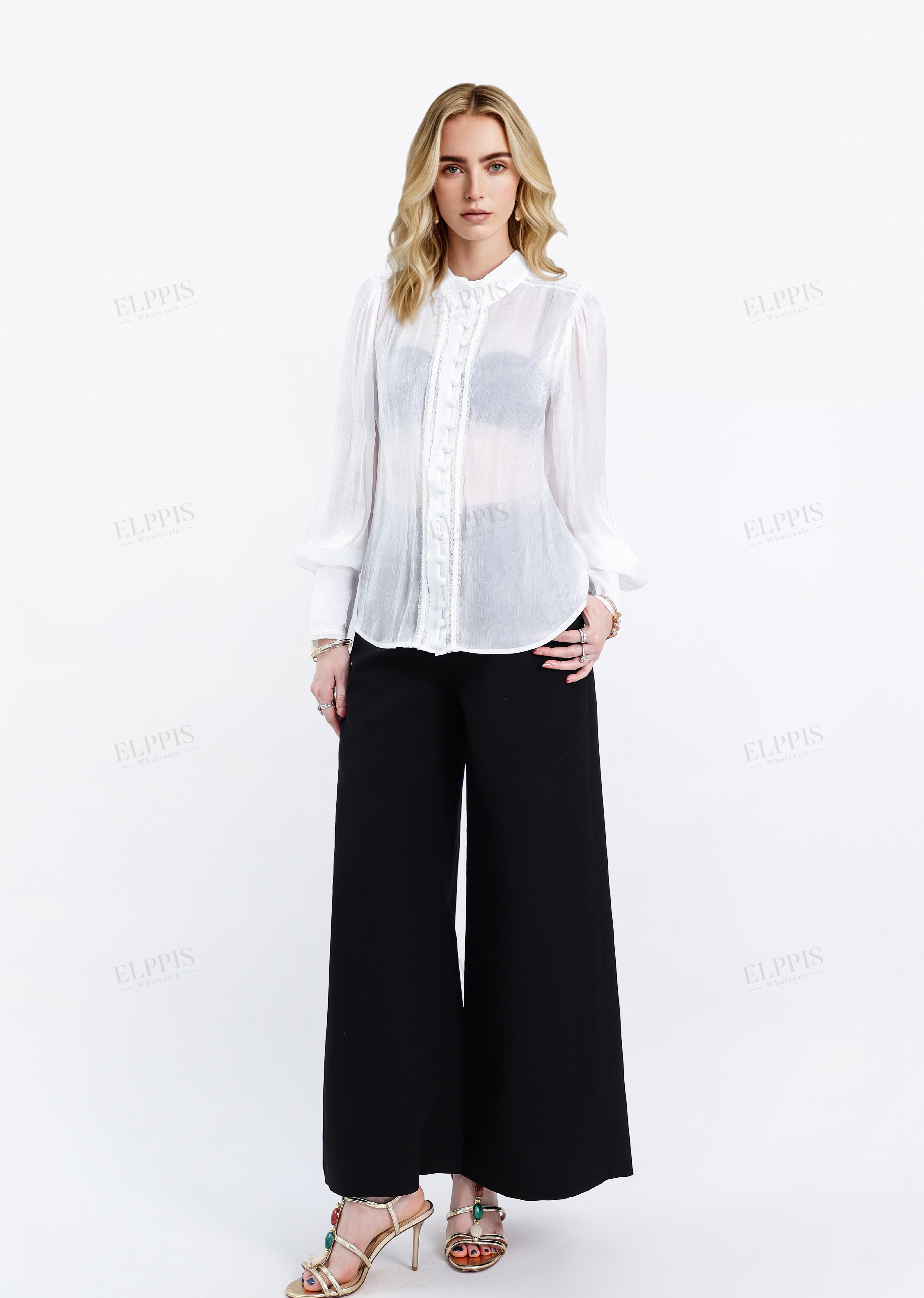 White Sheer Stand-Collar Blouse with Ruffled Button Placket & Puff Sleeves