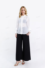 White Sheer Stand-Collar Blouse with Ruffled Button Placket & Puff Sleeves