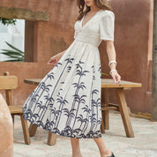 Hand-beaded faux linen printed X-line short sleeve midi dress