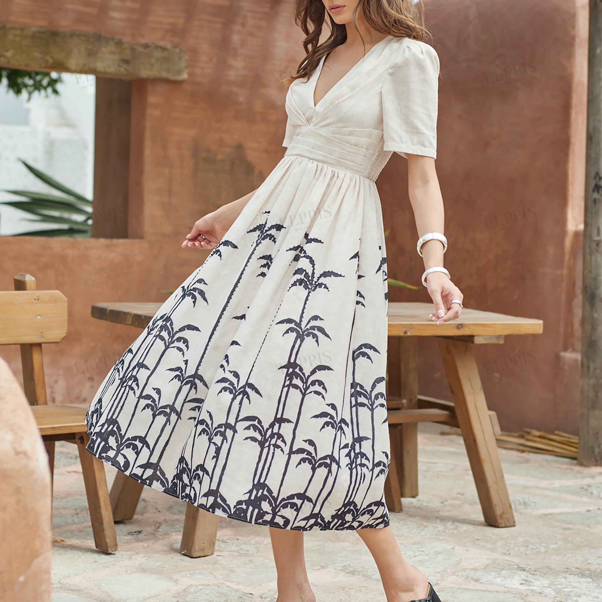 Hand-beaded faux linen printed X-line short sleeve midi dress