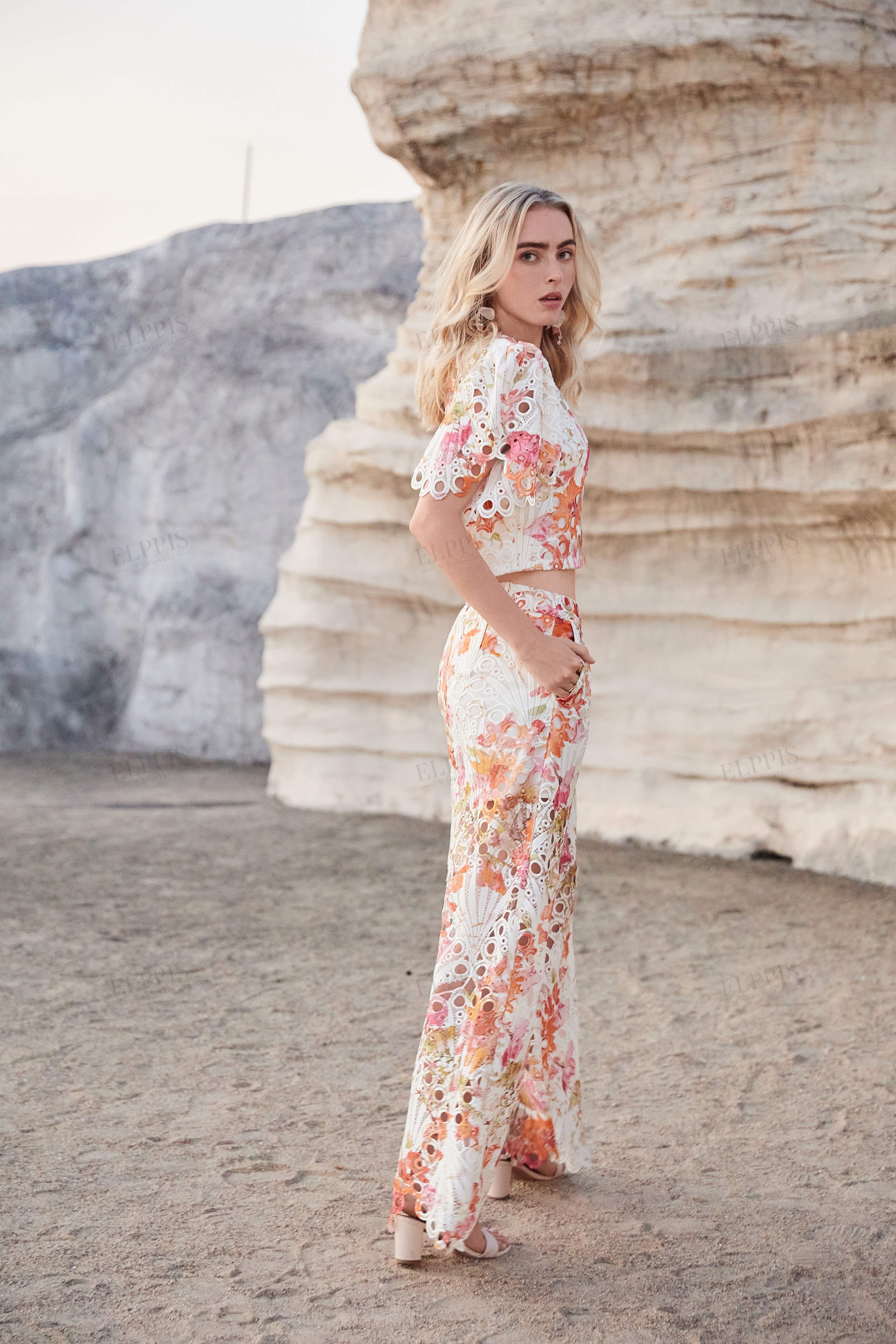 Floral Cutout Lace Wide-Leg Pants