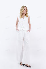 White Cotton-Linen Blend Sleeveless Vest