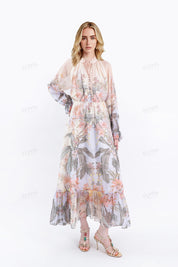 Sheer Tropical Floral Print Maxi Dress with Ruffled Sleeves