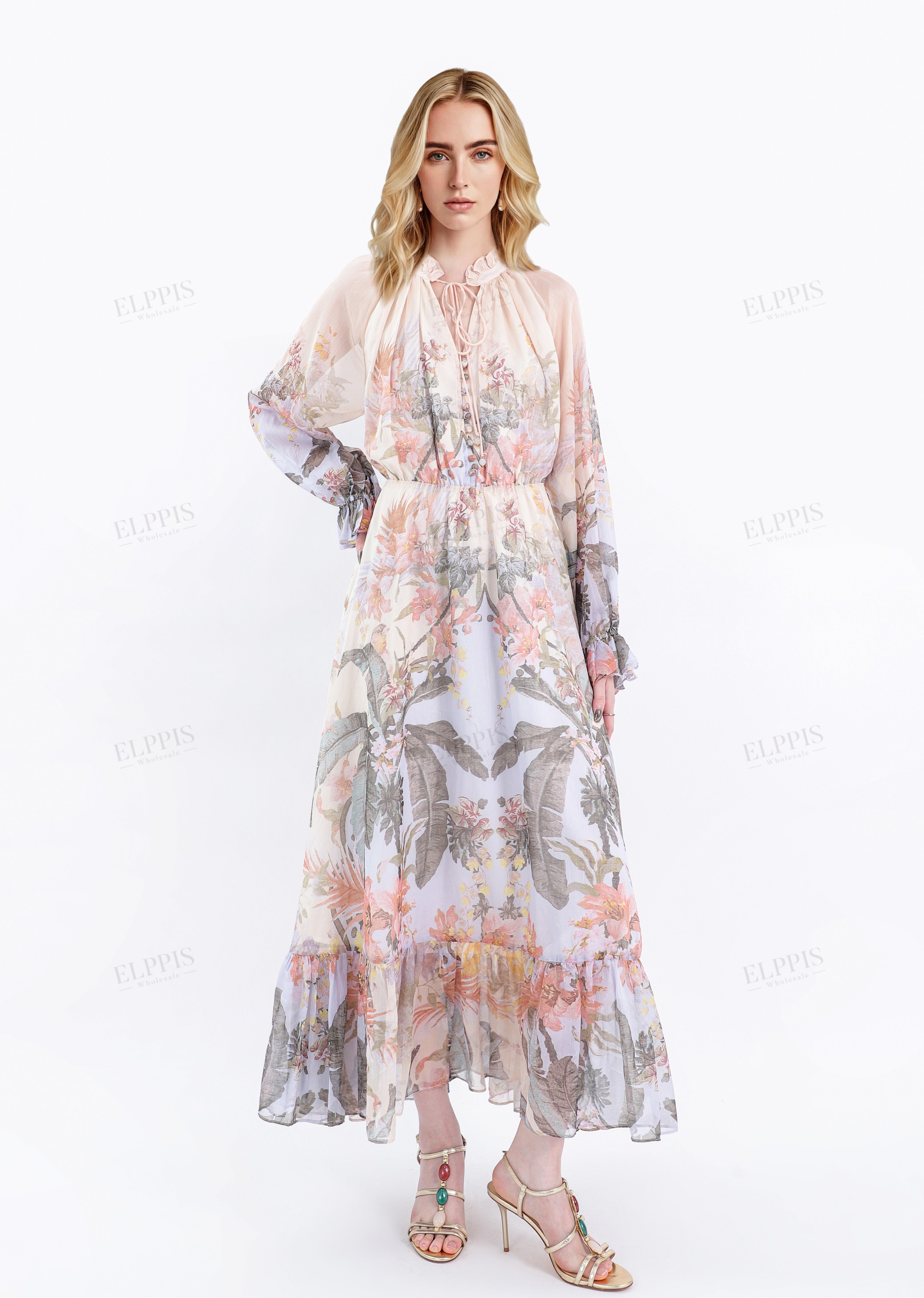 Sheer Tropical Floral Print Maxi Dress with Ruffled Sleeves
