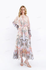 Sheer Tropical Floral Print Maxi Dress with Ruffled Sleeves