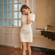 Mesh sequin embroidered horizontal striped textured A-line short sleeve dress