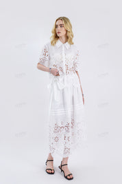 White Woven Midi Skirt with Eyelet Embroidery & Side Bow