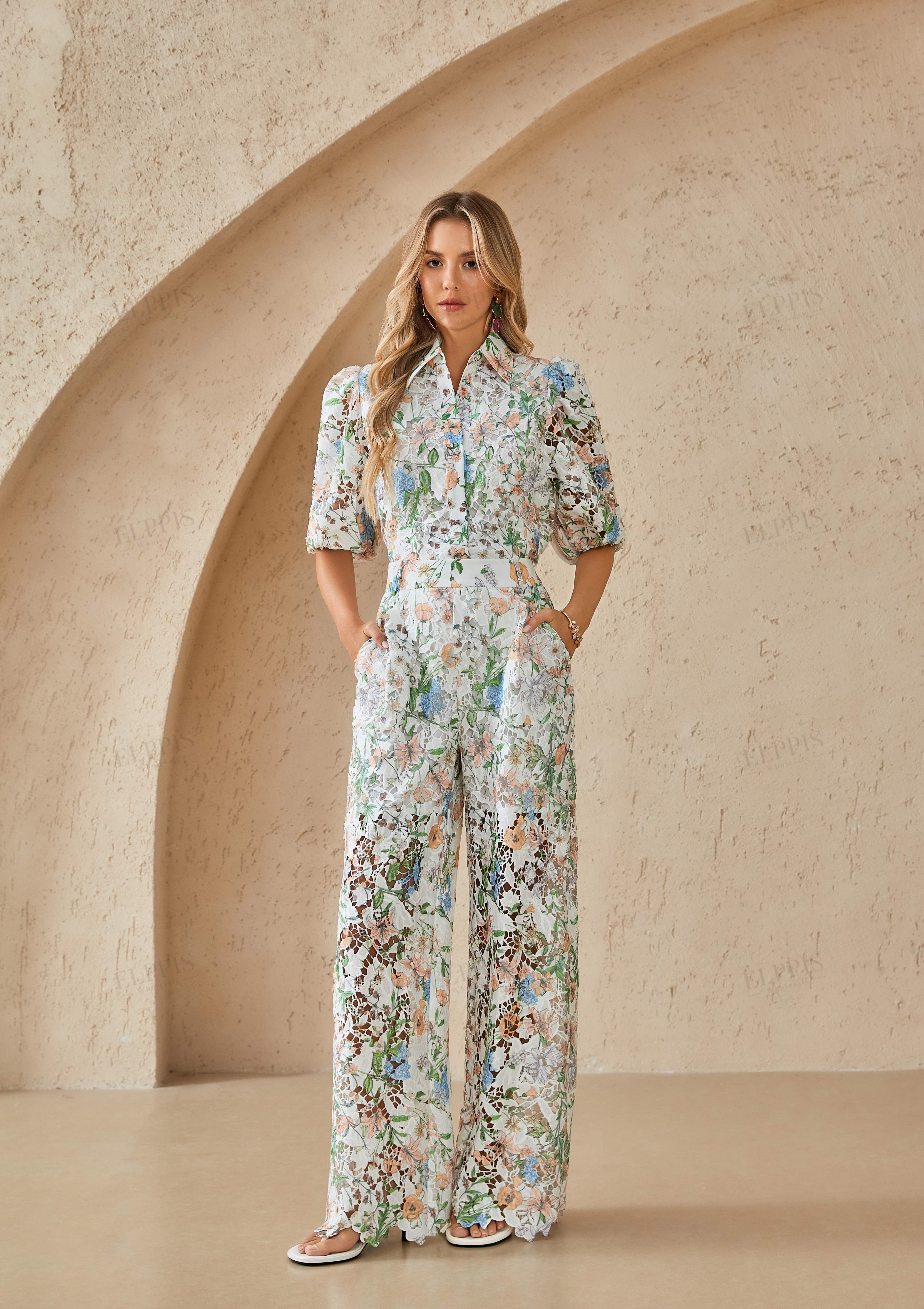 Floral Lace Puff Sleeve Button-Up Shirt