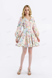 Vibrant Floral Print Long-Sleeve Mini Dress with Pearl Buttons