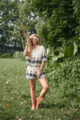Cream Linen-Blend Shorts with Black Floral Embroidery Trim