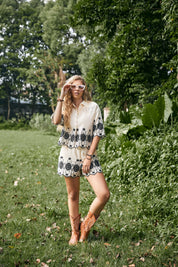 Cream with Black Floral Embroidery Trim  Short-Sleeve Shirt