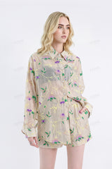 Beige Floral Embroidery Lightweight Elastic Waist Shorts