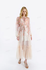 Pastel Floral Print Sheer Maxi Dress with Tie Neck