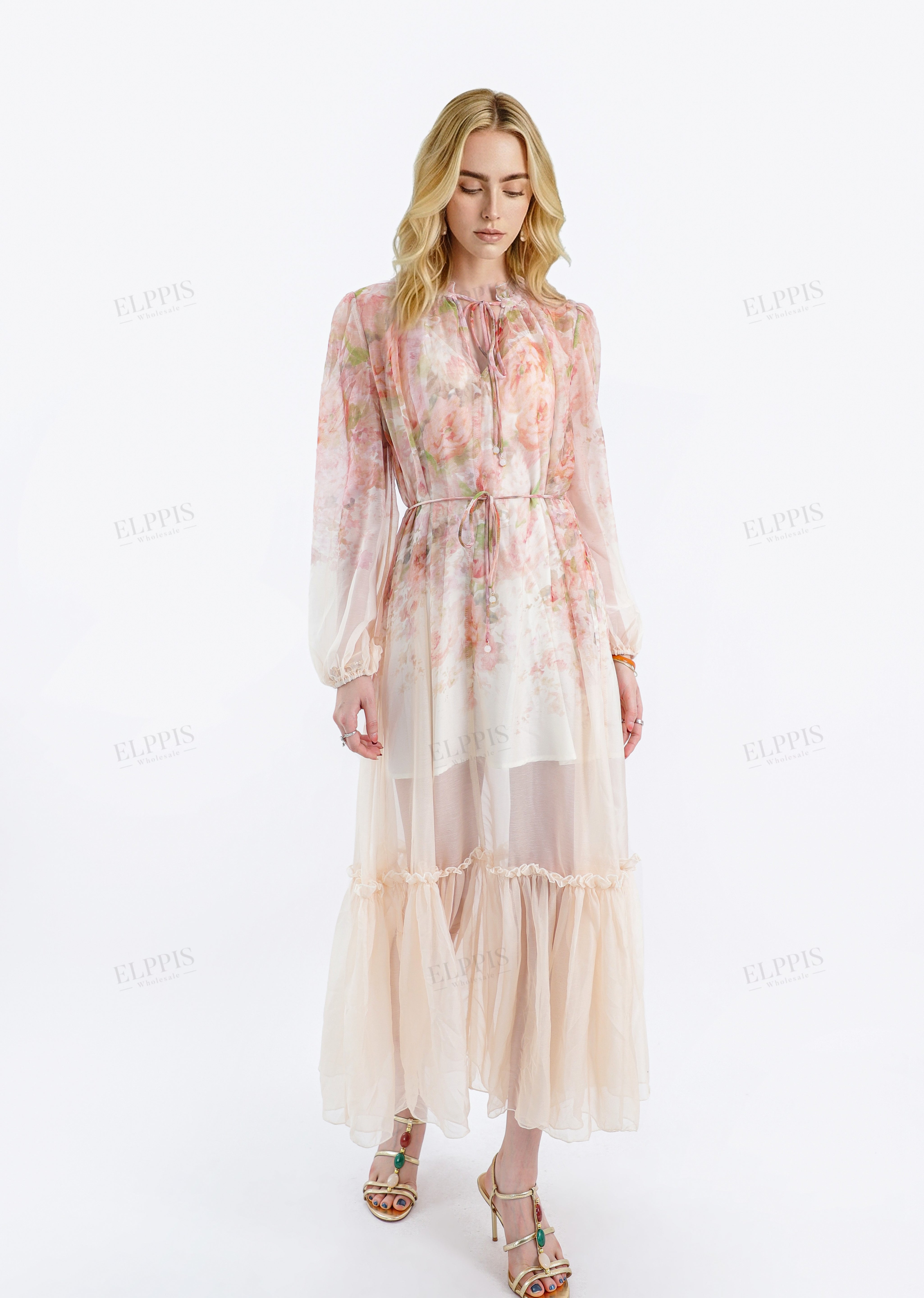 Pastel Floral Print Sheer Maxi Dress with Tie Neck
