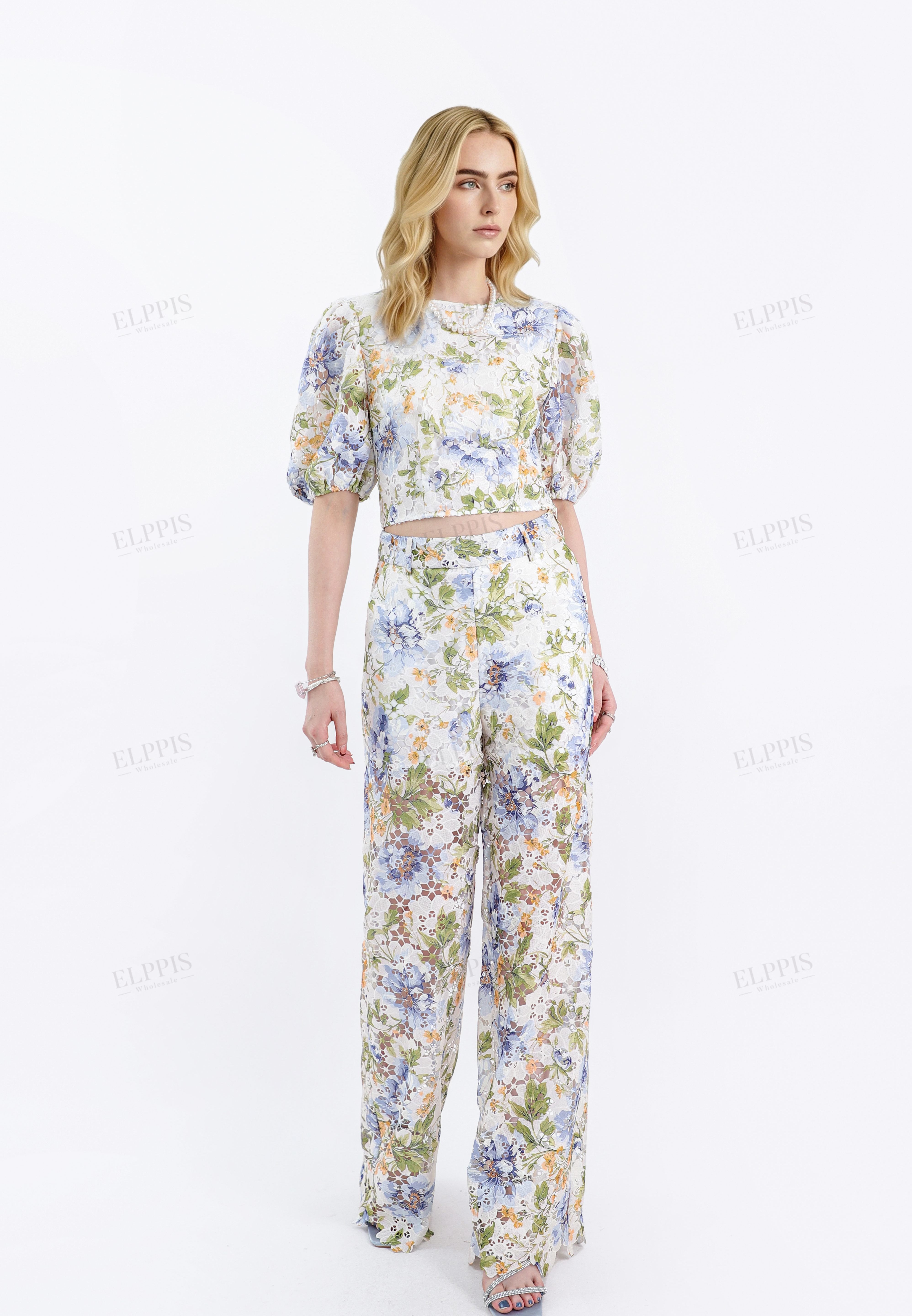 Wide-Leg Lace Floral Pants