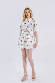 Cherry Embroidery Elastic Waist Shorts