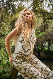Cream Wide-Leg Pants with Olive Floral Embroidery
