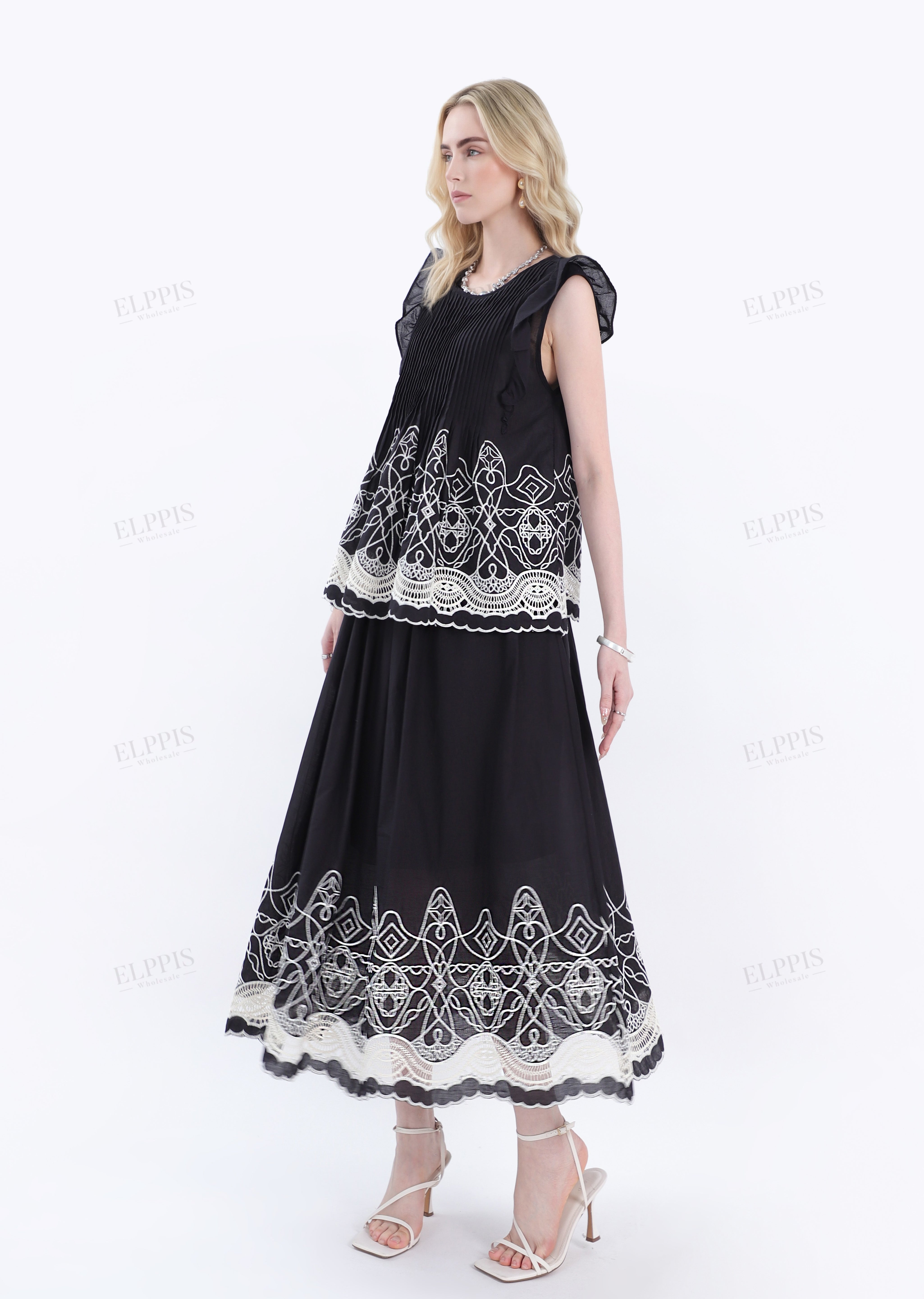 Black Maxi Skirt with White Lace & Patterned Hem Detail