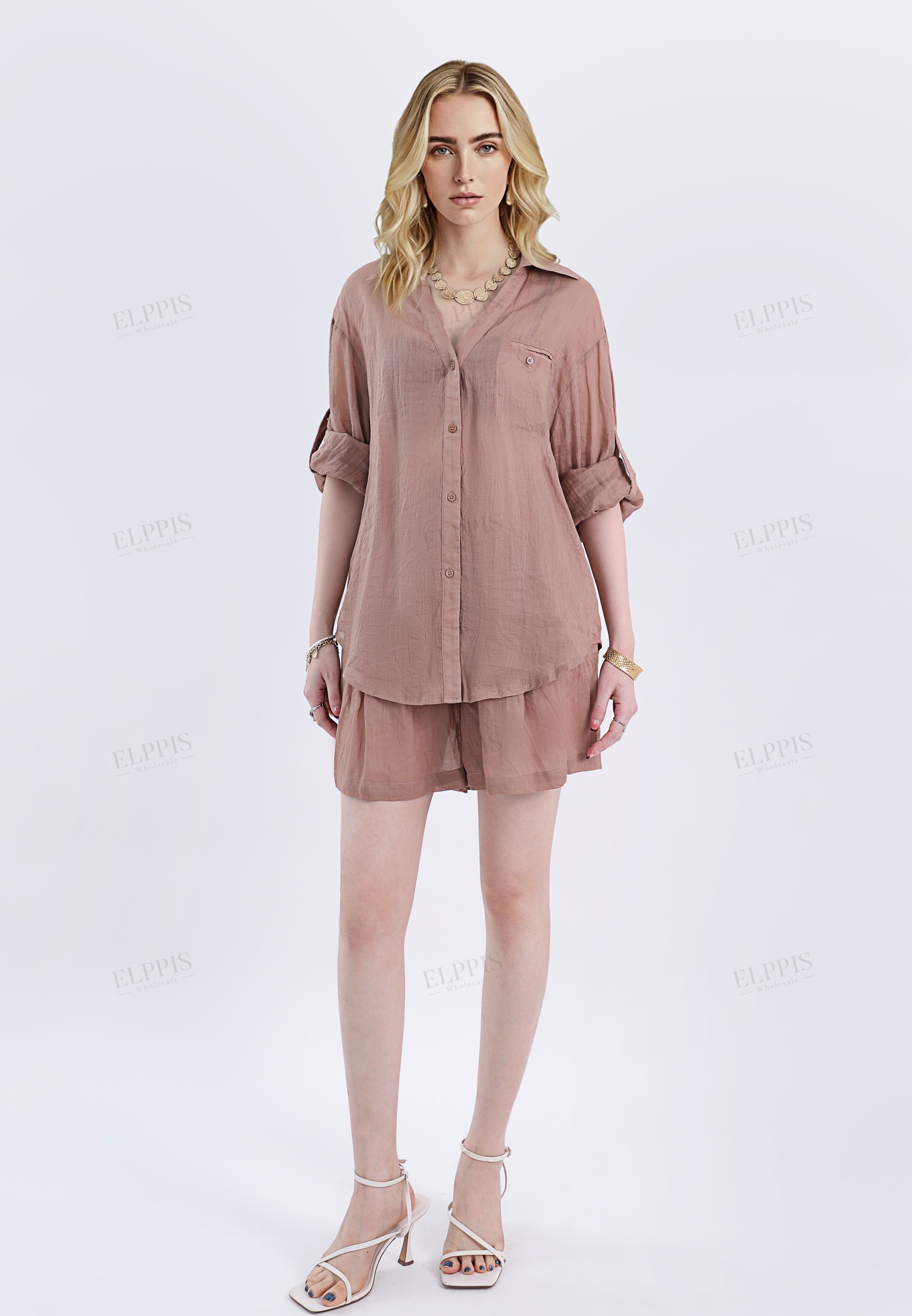 Khaki Ramie Oversized Button-Front Long-Sleeve Shirt