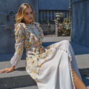 Placement printed patchwork hollow lace ruffle collar long sleeve maxi dress