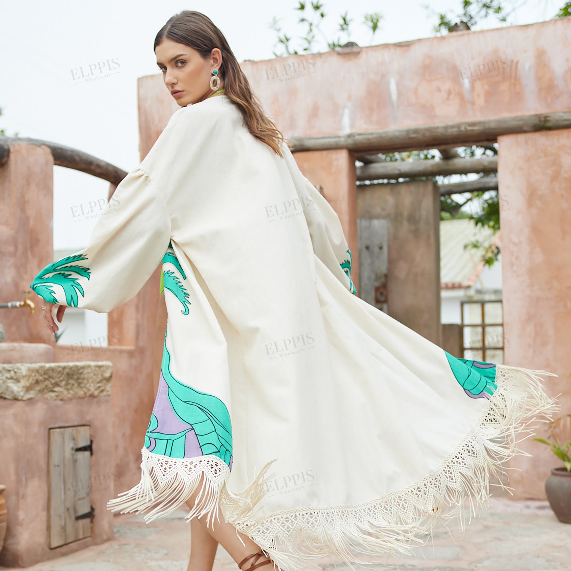 Border print technique sleeveless long cardigans