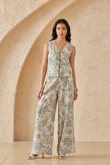 Floral Print Linen Tie-Front Sleeveless Vest