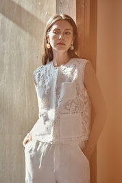 White Linen Wide-Leg Lace Pants